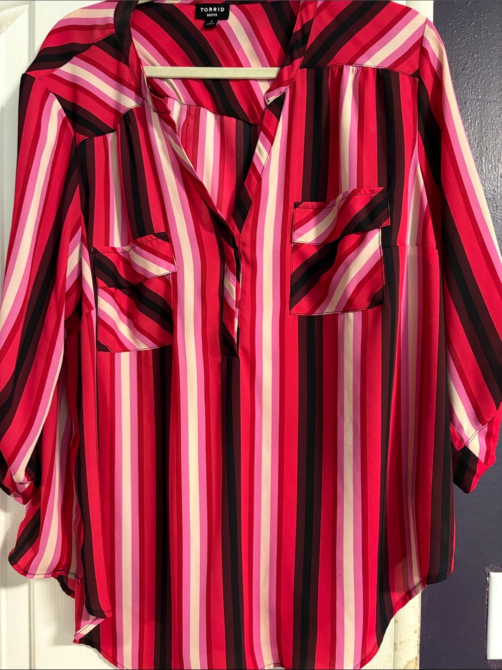 torrid Pink-Red Striped Button Front Blouse Harper